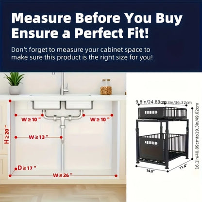 2-Tier Slide Out Under Sink Organizer - Heavy Duty Adjustable Metal Kitchen Bathroom Cabinet Storage Shelf, 1 or 2 Pack