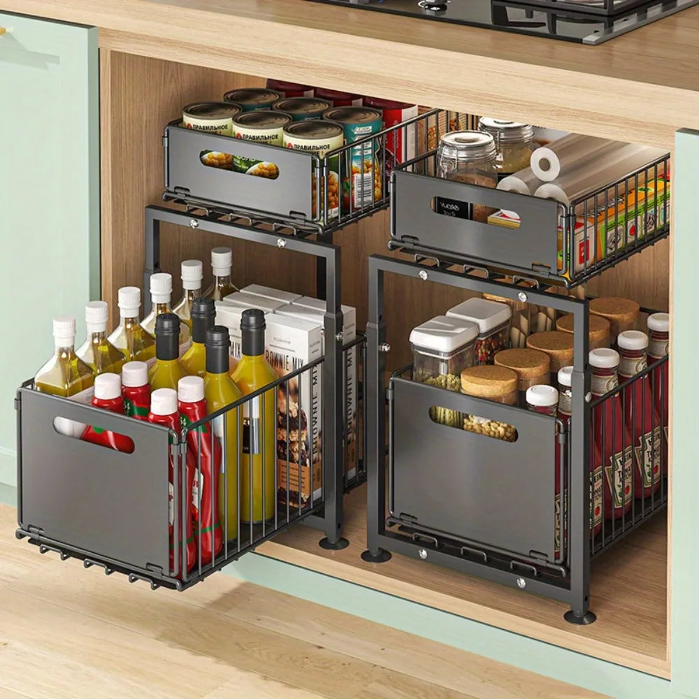 2-Tier Slide Out Under Sink Organizer - Heavy Duty Adjustable Metal Kitchen Bathroom Cabinet Storage Shelf, 1 or 2 Pack