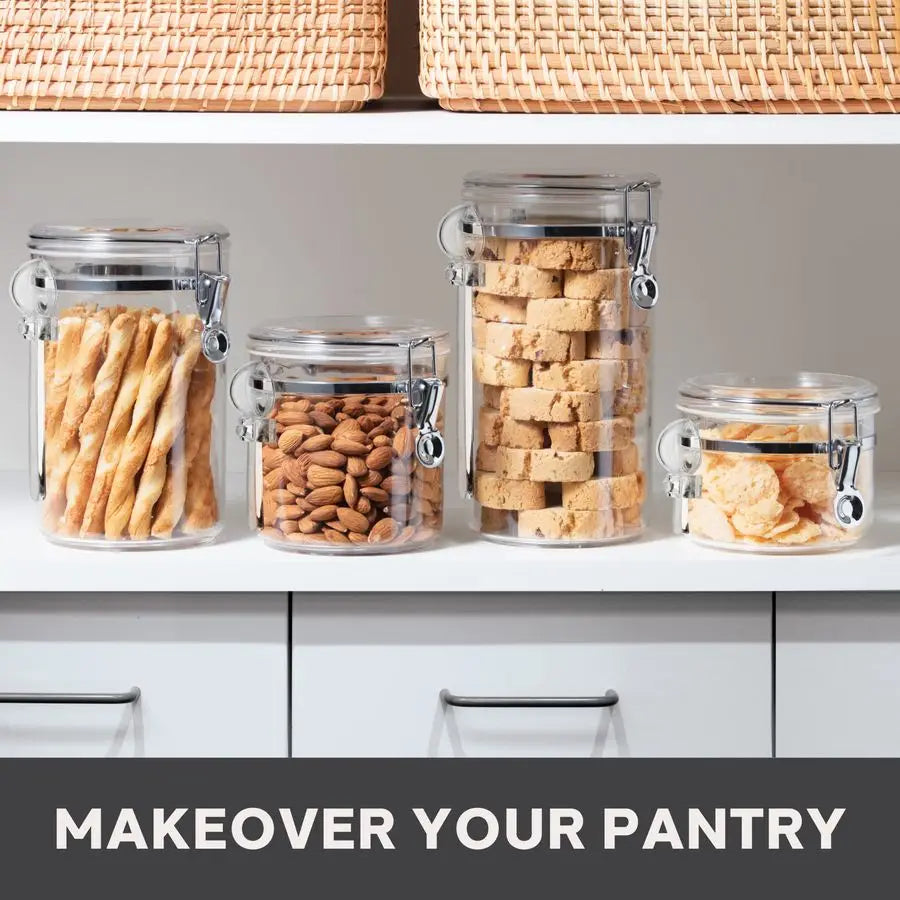 4pc Clear Canister Set with Clamp Lids and Spoons Airtight Food Storage Containers, Ideal for Kitchen and Pantry Storage