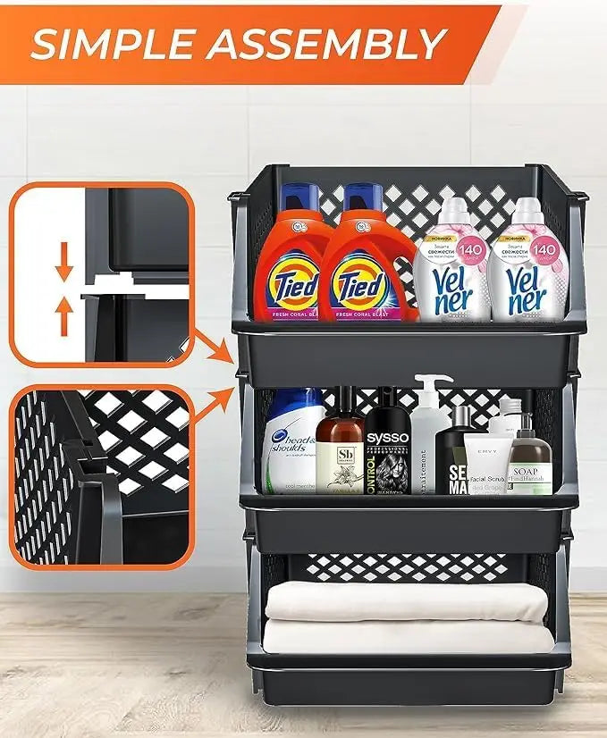 6 Pack Large Stacking Bins Open Front Kitchen and Bathroom Organization, Black Plastic Storage Containers