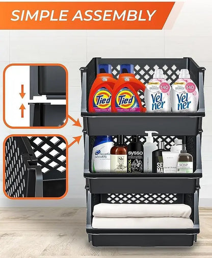 6 Pack Large Stacking Bins Open Front Kitchen and Bathroom Organization, Black Plastic Storage Containers