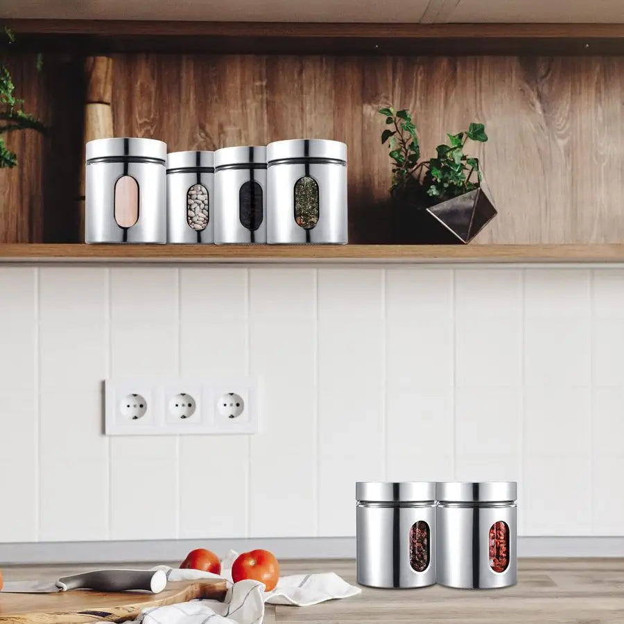 6 Pack Kitchen Canisters Set Airtight Coffee Sugar Tea Candy Storage Jars with Window Glass Stainless Steel Containers with Lids