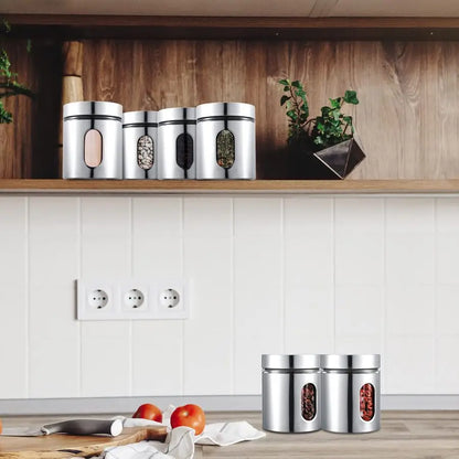 6 Pack Kitchen Canisters Set Airtight Coffee Sugar Tea Candy Storage Jars with Window Glass Stainless Steel Containers with Lids