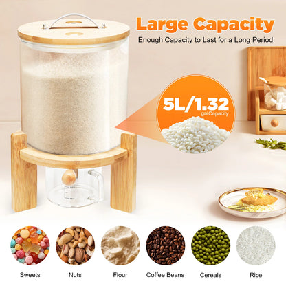 5L Clear Glass Cereal Dispenser, Cereal Storage Containers with Sealed Bamboo Lid for Rice Nuts Coffee Beans