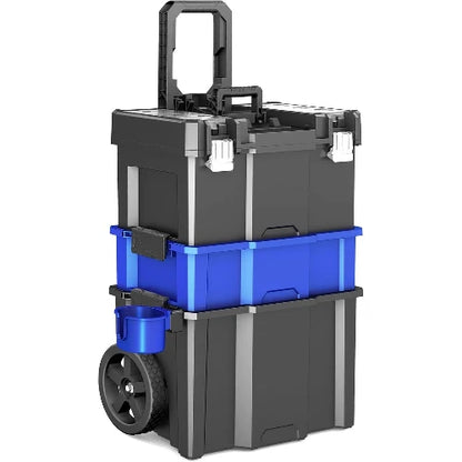 20” Rolling Tool Box with Wheels, 3-Tier Portable Stackable for Garage Storage, with Removable Cup Holder (20”W×12”D×35”H)