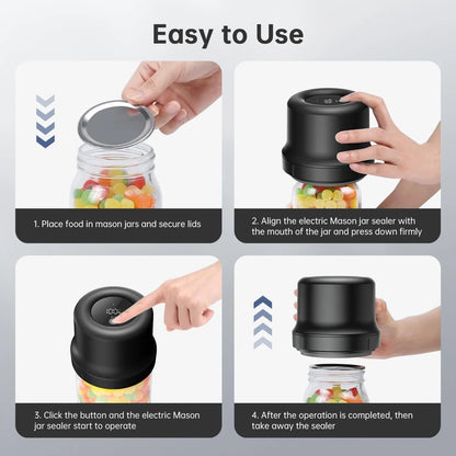 Electric Mason Jar Vacuum Sealer kit for Food Storage, with Regular and Wide Mouth Mason Jar Lids, Black