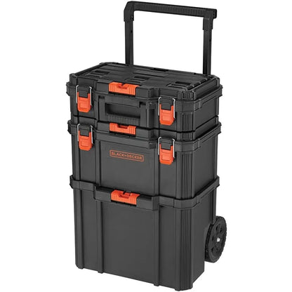 Stackable Storage System - 3 Piece Set Small Deep Toolbox Rolling Tote in Black for Organized Workshop and Garage Use Durable P