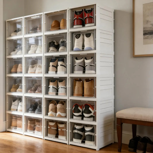 6 Layers Shoes Box Foldable Transparent Sneaker Shoe Storage Organizers Box Stackable Dustproof High-top Cabinet Shoe Rack Shelf
