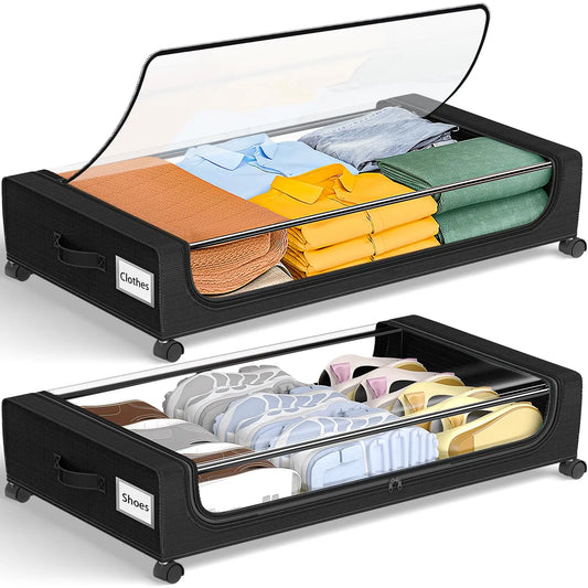 Under Bed Storage With Wheels, 2-Pack 48L Clear Lids & Label,