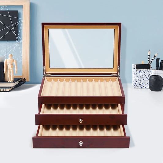 3-Tiers Retro Rosewood Pen Display Box Pen Collection Box with Clear Lid Pen Storage Box School Stationery Organizer Supples