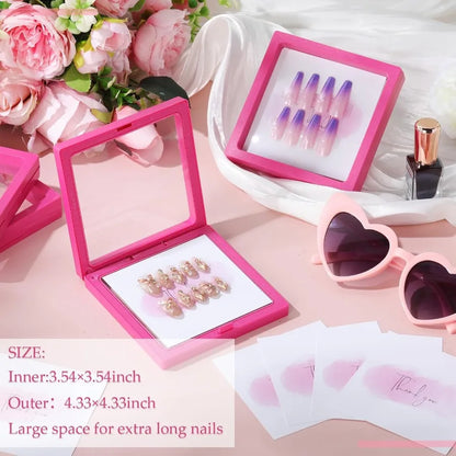 Rose Red 30 Pcs Press on Nail Packaging Box with 90 Pcs Adhesive Double Sided Tape Artificial Nail Display Case Storage Contain