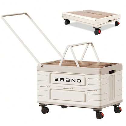 Utility Cart Portable Rolling Crate Handcart Shopping Trolley Collapsible Tool Box With Wooden Lid, Basket On 4 Rotate Wheels,