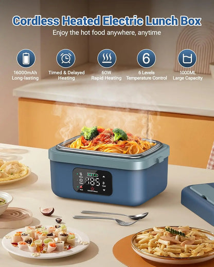 Upgraded Cordless Heated Lunch Box, 16000mAh Rechargeable, 1L Stainless Steel Container for Work & Travel