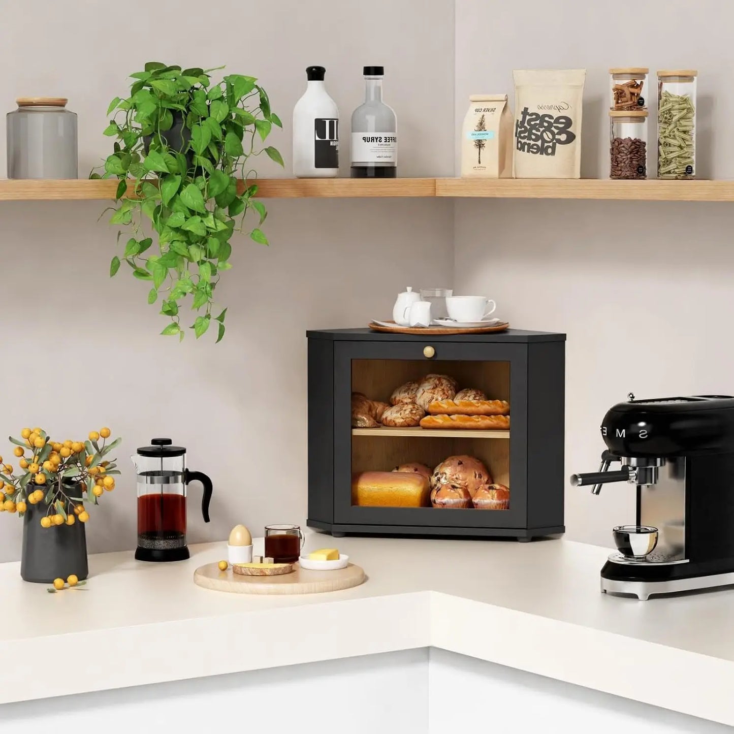 Black Two-Layer Bread Box for Kitchen Countertop, Under Cabinet Mount, Large Storage Container for Homemade Bread