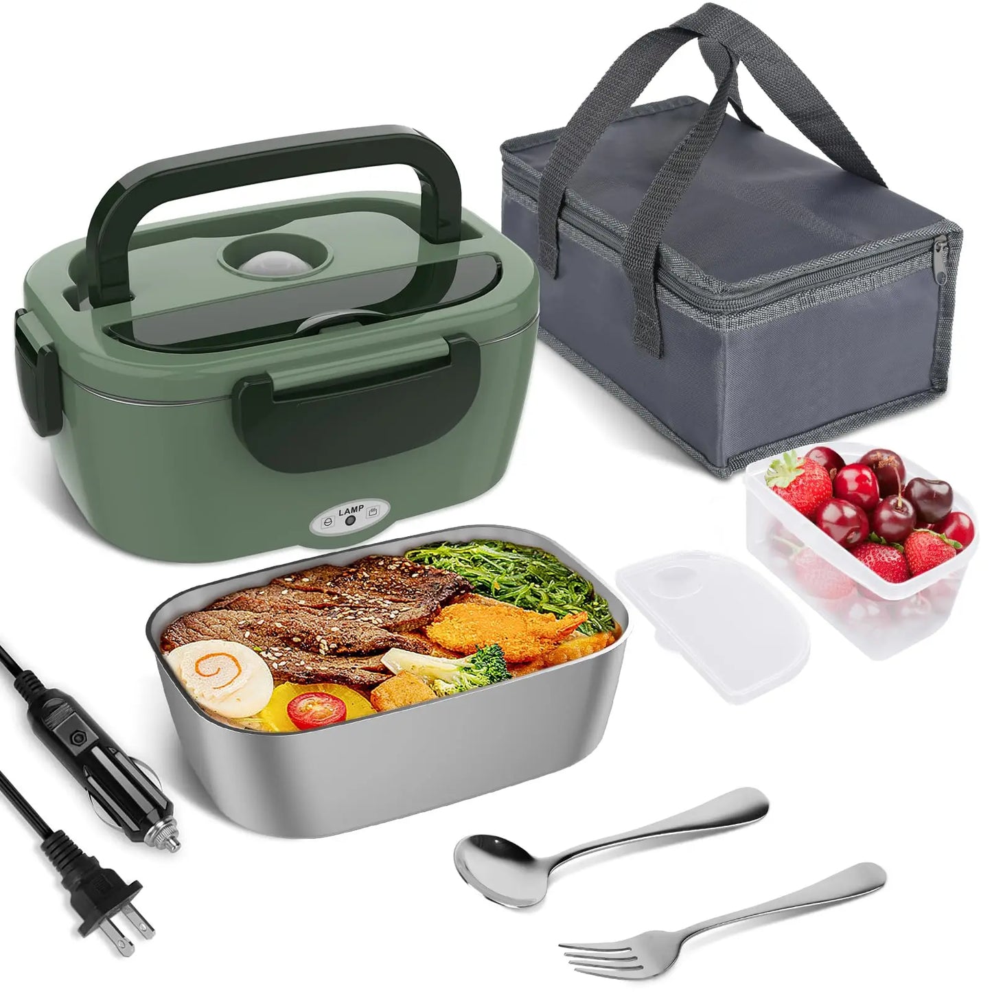 80W Electric Heated Lunch Box Portable Food Warmer Leakproof 2 Compartments Stainless Steel Liner for Work Office Car Truck Home