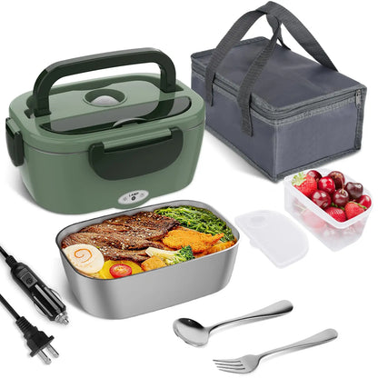 80W Electric Heated Lunch Box Portable Food Warmer Leakproof 2 Compartments Stainless Steel Liner for Work Office Car Truck Home