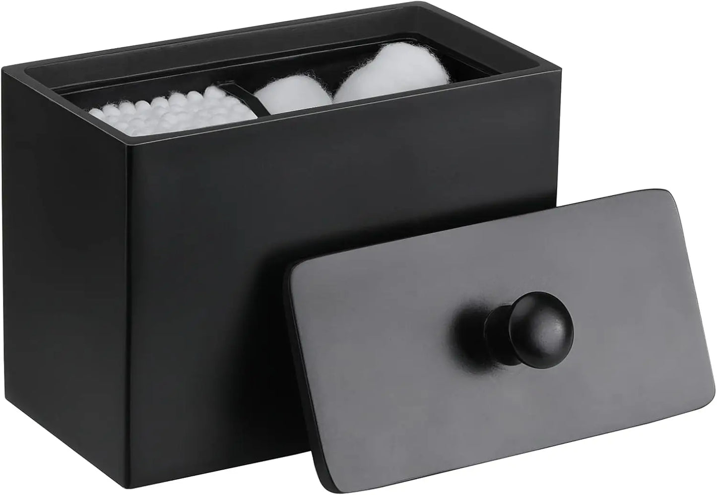 Cotton Swab Holder with Lid, 2 Compartments Organizer for Q-Tips and Floss, Bathroom Container in Matte Black