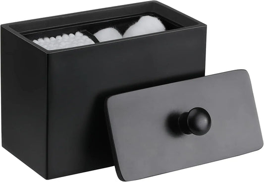 Cotton Swab Holder with Lid, 2 Compartments Organizer for Q-Tips and Floss, Bathroom Container in Matte Black