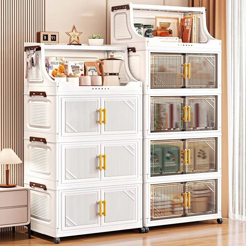 Large Foldable Flip-Top Transparent Storage Cabinet with Wheels, Space-Saving Mobile Organizer for Kitchen Bedroom Living Room