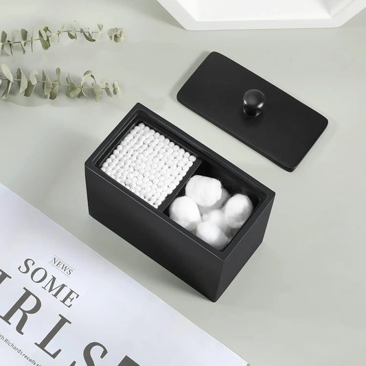 Cotton Swab Holder with Lid, 2 Compartments Organizer for Q-Tips and Floss, Bathroom Container in Matte Black