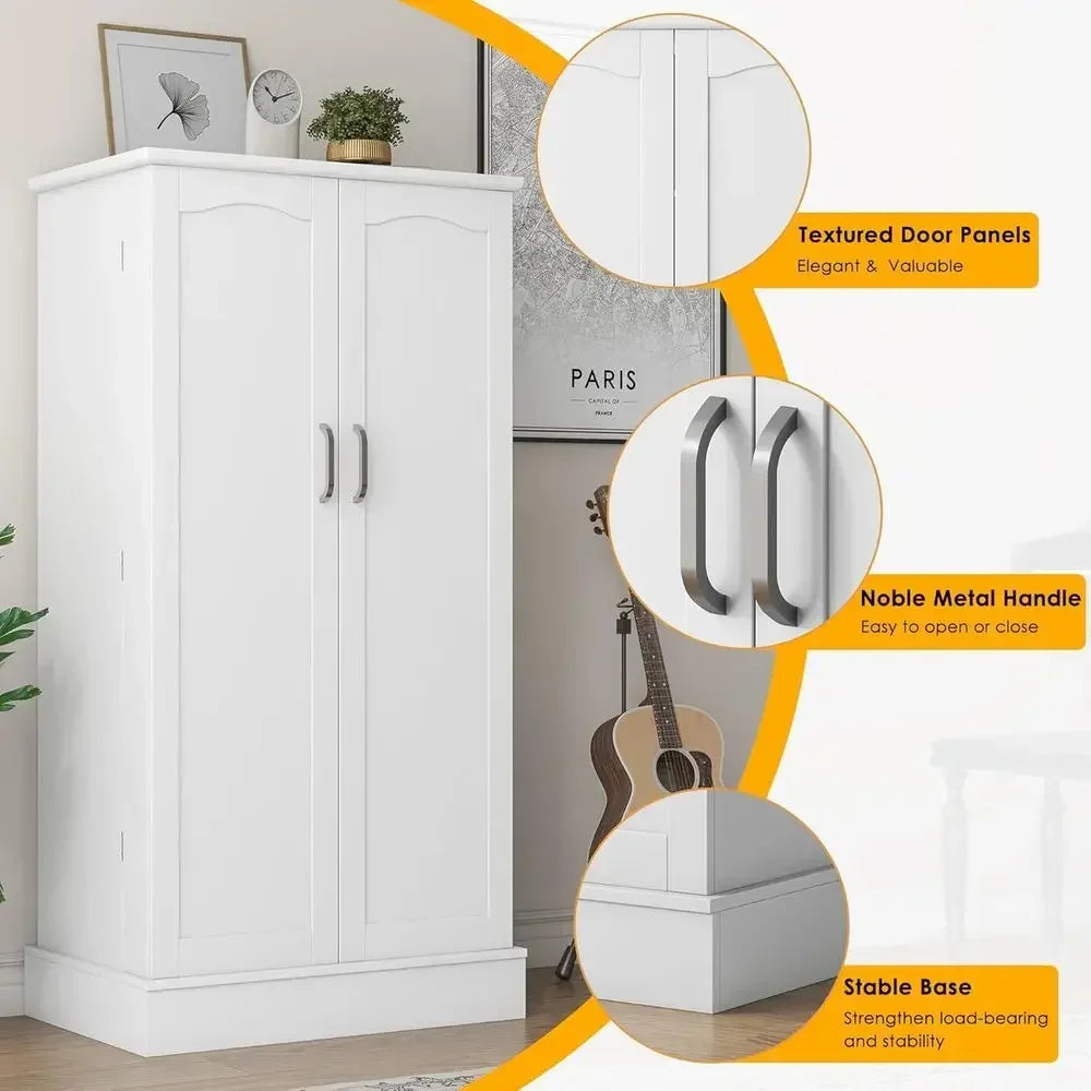 White Freestanding Kitchen Pantry Cabinet with Adjustable Shelves for Dining and Living Rooms