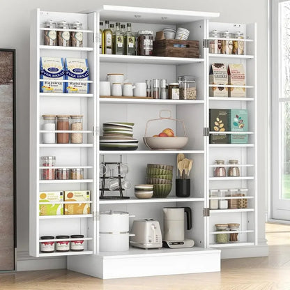 White Freestanding Kitchen Pantry Cabinet with Adjustable Shelves for Dining and Living Rooms