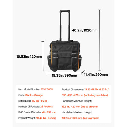 SucceBuy 110Lbs Rolling Tool Bag 25 Pockets Roller Tool Bag on Wheels with Telescoping Handle Toolbag Organizers for Mechanic