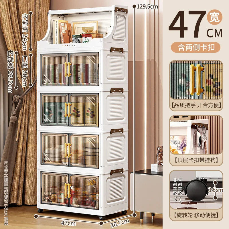 Large Foldable Flip-Top Transparent Storage Cabinet with Wheels, Space-Saving Mobile Organizer for Kitchen Bedroom Living Room