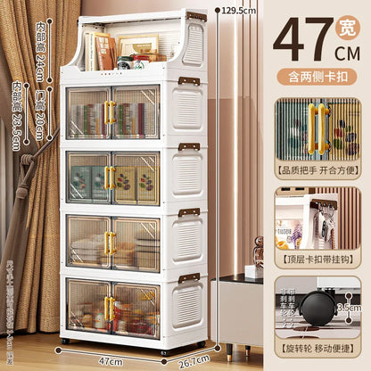 Large Foldable Flip-Top Transparent Storage Cabinet with Wheels, Space-Saving Mobile Organizer for Kitchen Bedroom Living Room