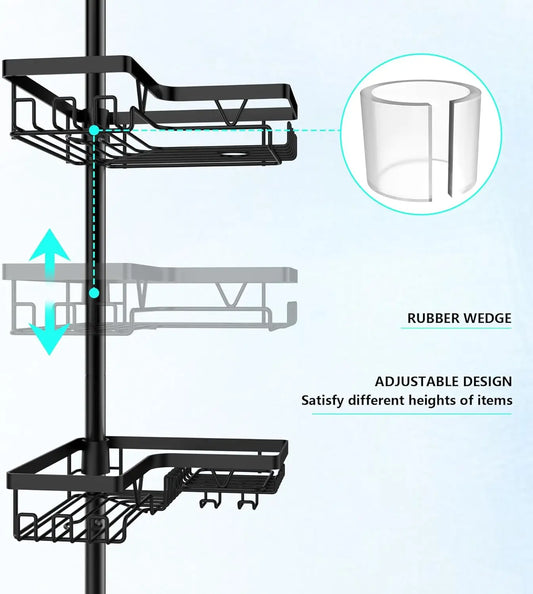 4-Tier Stainless Steel Adjustable Shower Caddy Tension Pole for Bathroom Organization, Rustproof Black