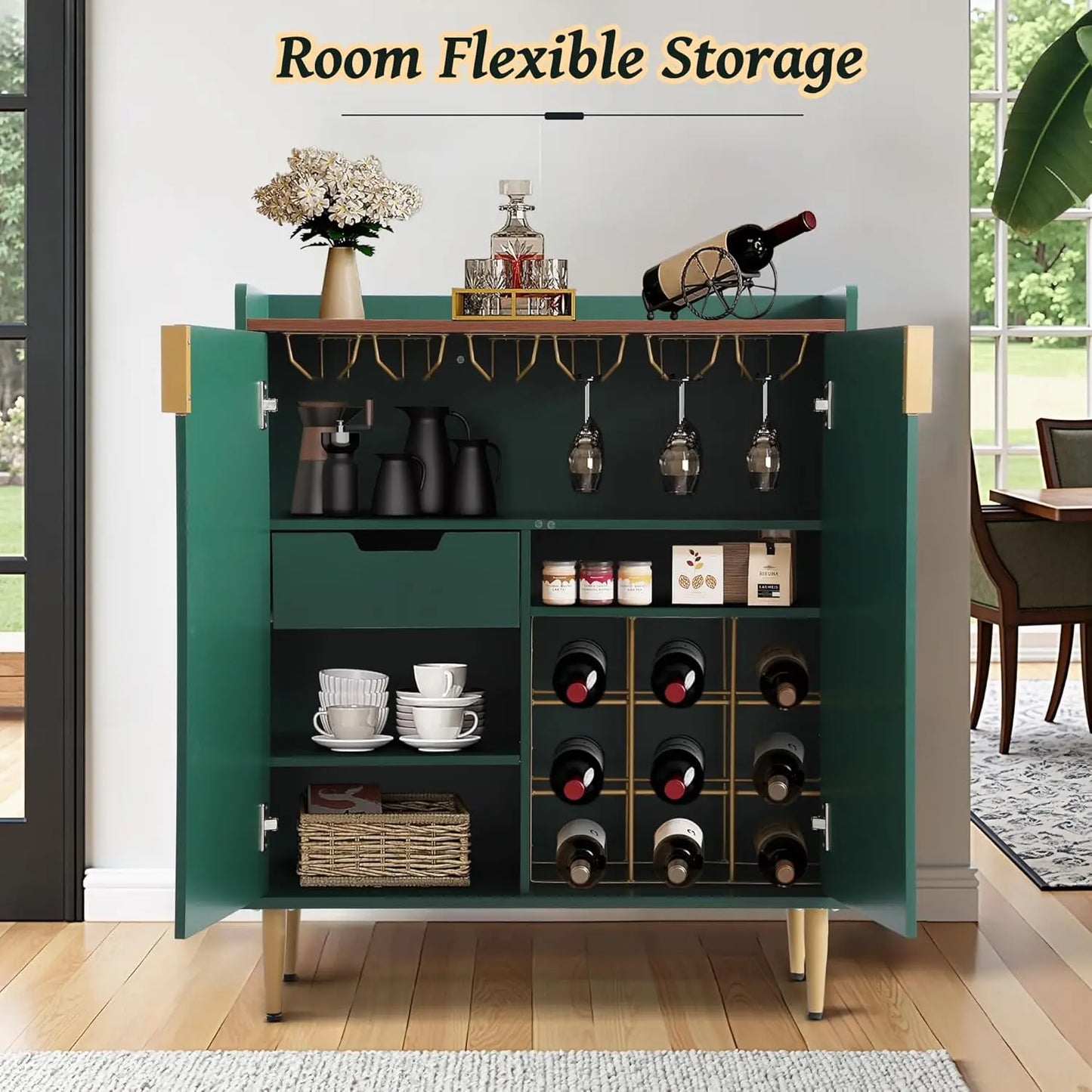 Green Coffee Bar Cabinet, 37" Buffet Cabinet with Fluted Texture Liquor Cabinet with Wine Racks for Home Living, Customized