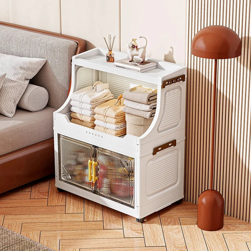 Large Foldable Flip-Top Transparent Storage Cabinet with Wheels, Space-Saving Mobile Organizer for Kitchen Bedroom Living Room