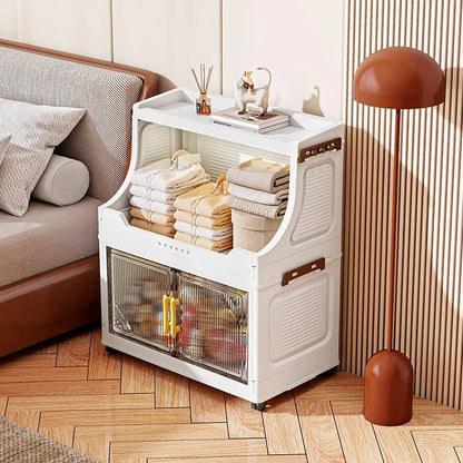Large Foldable Flip-Top Transparent Storage Cabinet with Wheels, Space-Saving Mobile Organizer for Kitchen Bedroom Living Room
