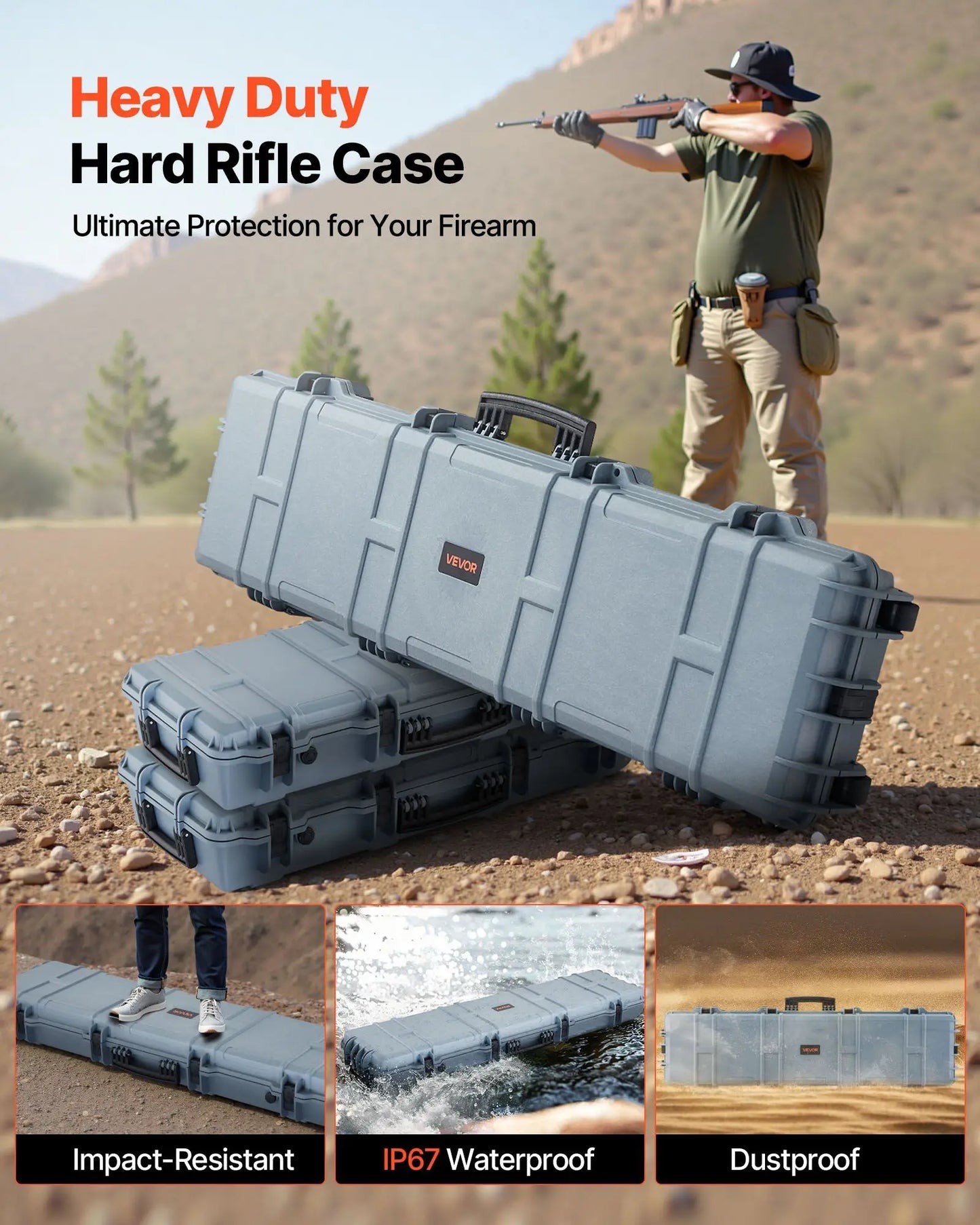 Hard Rifle Case, Lockable Rifle Case with Pre-cut Foams, 50 in Movable Gun Storage with Wheels, IP67 Waterproof & Dustproof