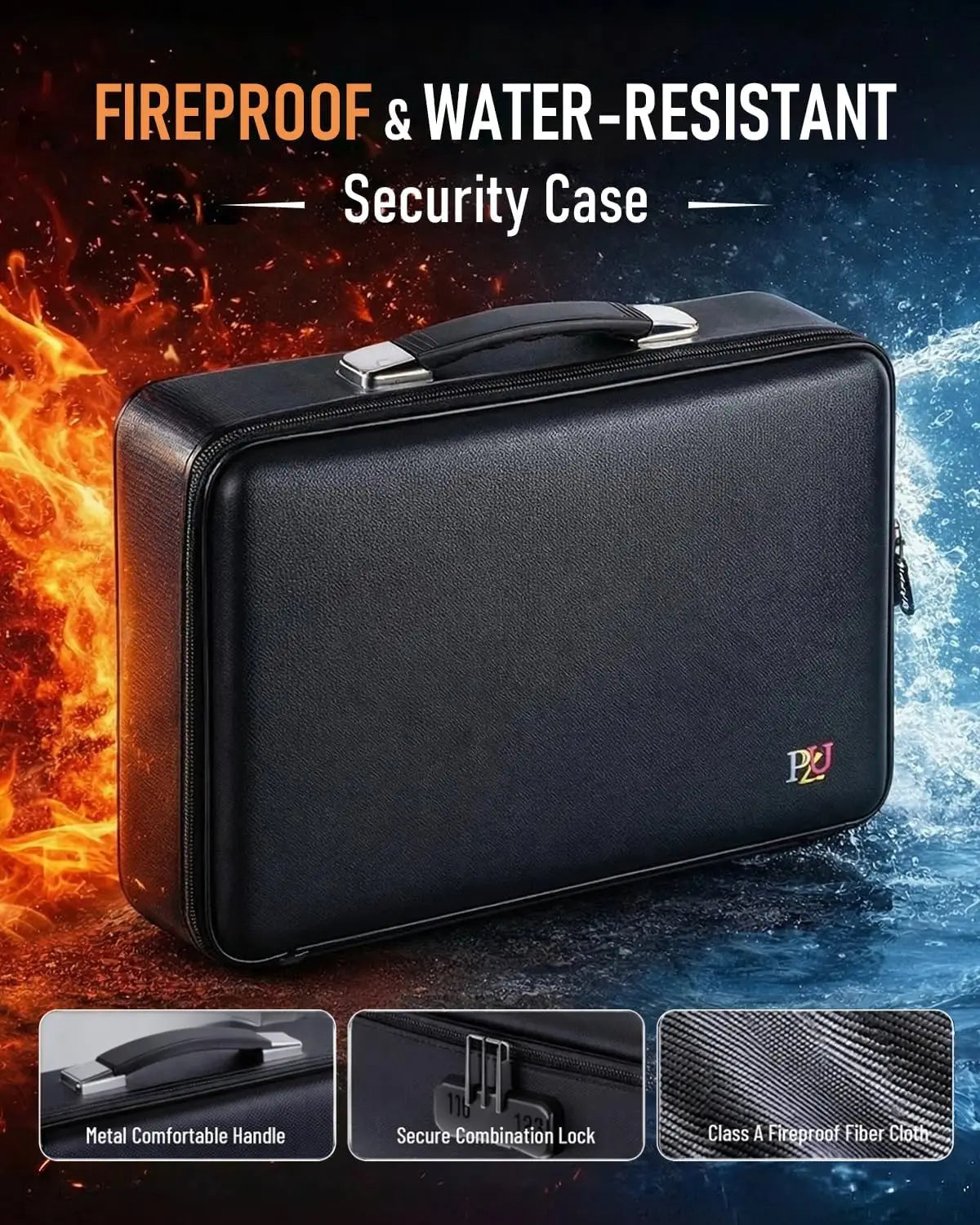 Hard-Shell Fireproof Document Safe with Lock, Waterproof File Box for Documents, Laptops, Passports - Black