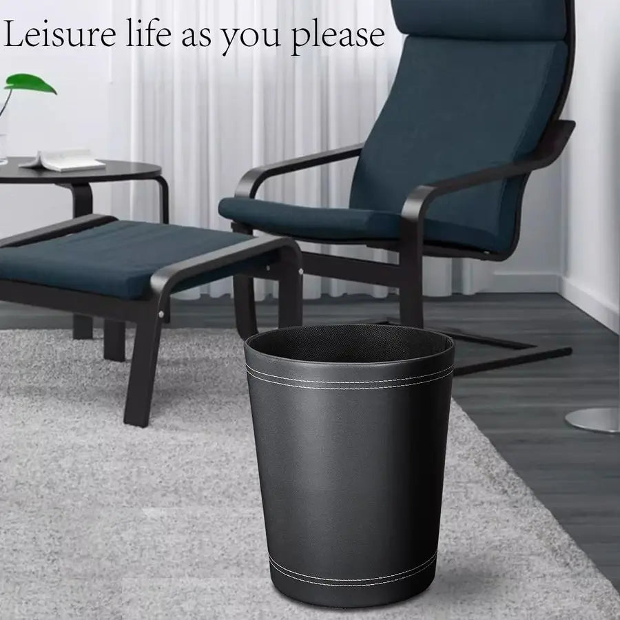 Pack Black Round PU Leather Wastebasket, Trash Basket, Garbage Can Container Bins for Bathrooms