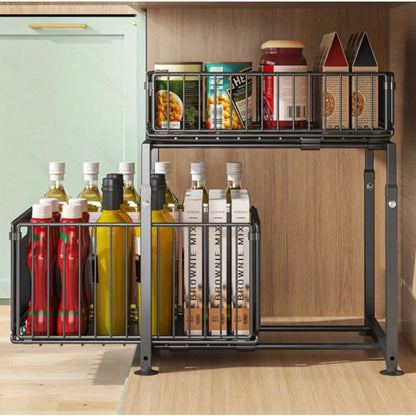 Under Sink Organizer 2-Tier Slide-Out, Heavy-Duty Adjustable Steel Kitchen Bathroom Storage Shelf for Utensils, Spices