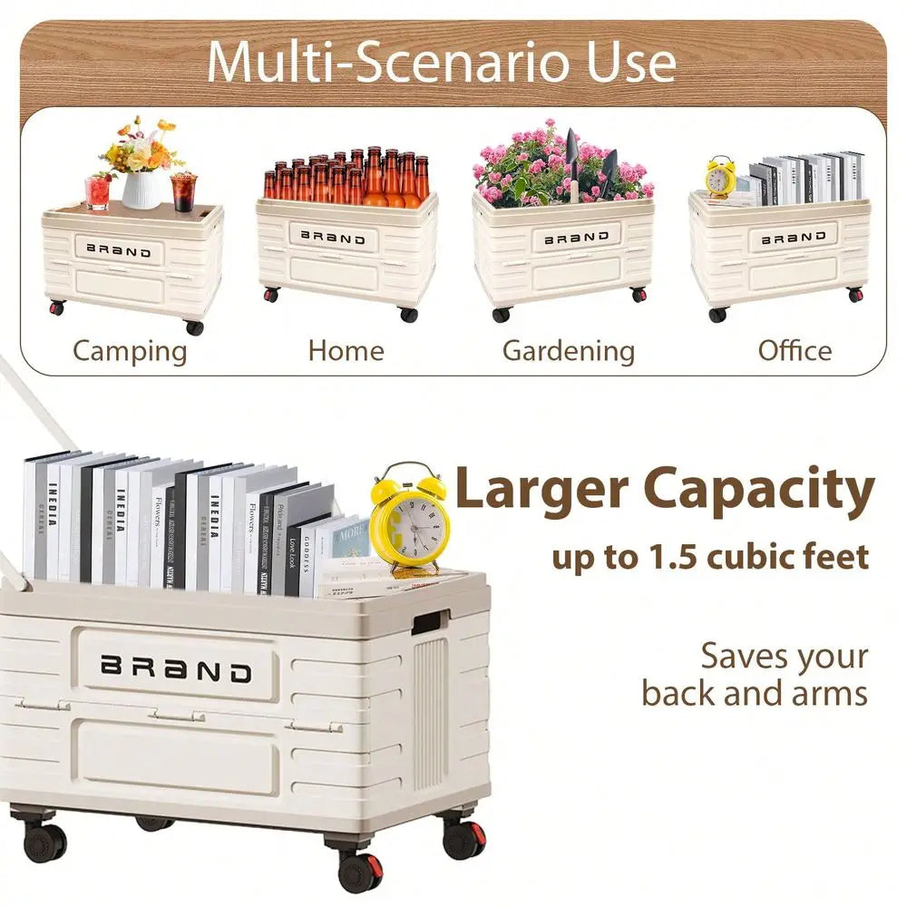 Utility Cart Portable Rolling Crate Handcart Shopping Trolley Collapsible Tool Box With Wooden Lid, Basket On 4 Rotate Wheels,