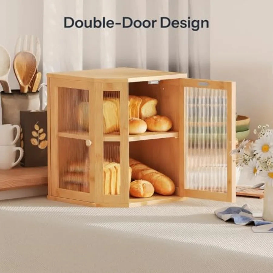 Bamboo Countertop Corner Bread Box Large Capacity 2-Tier
