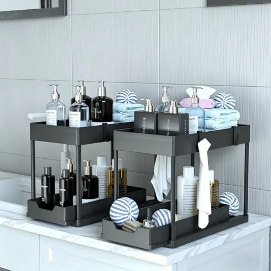 Under Sink Organizer 2 Pack, Bathroom Cabinet Organizer, 2 Tier Sliding Cabinet Basket Organizer Drawer, Multi-Purpose Bath Col