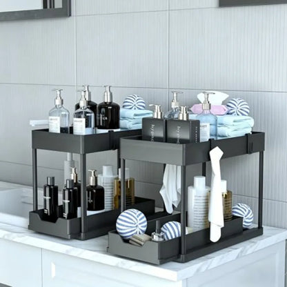 Under Sink Organizer 2 Pack, Bathroom Cabinet Organizer, 2 Tier Sliding Cabinet Basket Organizer Drawer, Multi-Purpose Bath Col