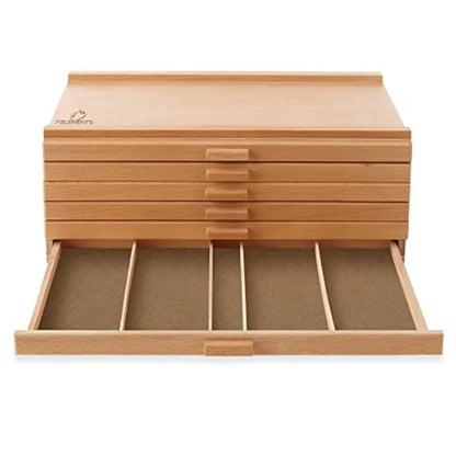 12 Drawer Wooden Artist Storage Box for Pastels Pencils Pens Markers Brushes and Tools in Brown with Organized Compact Design