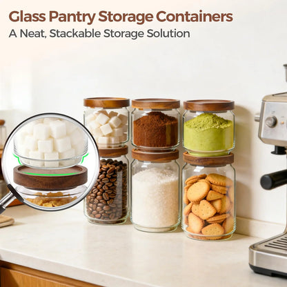 6PCS Glass Pantry Storage Container with Acacia Wood Lid,Airtight Glass Canister with Stacked Design for Orderly Organizing
