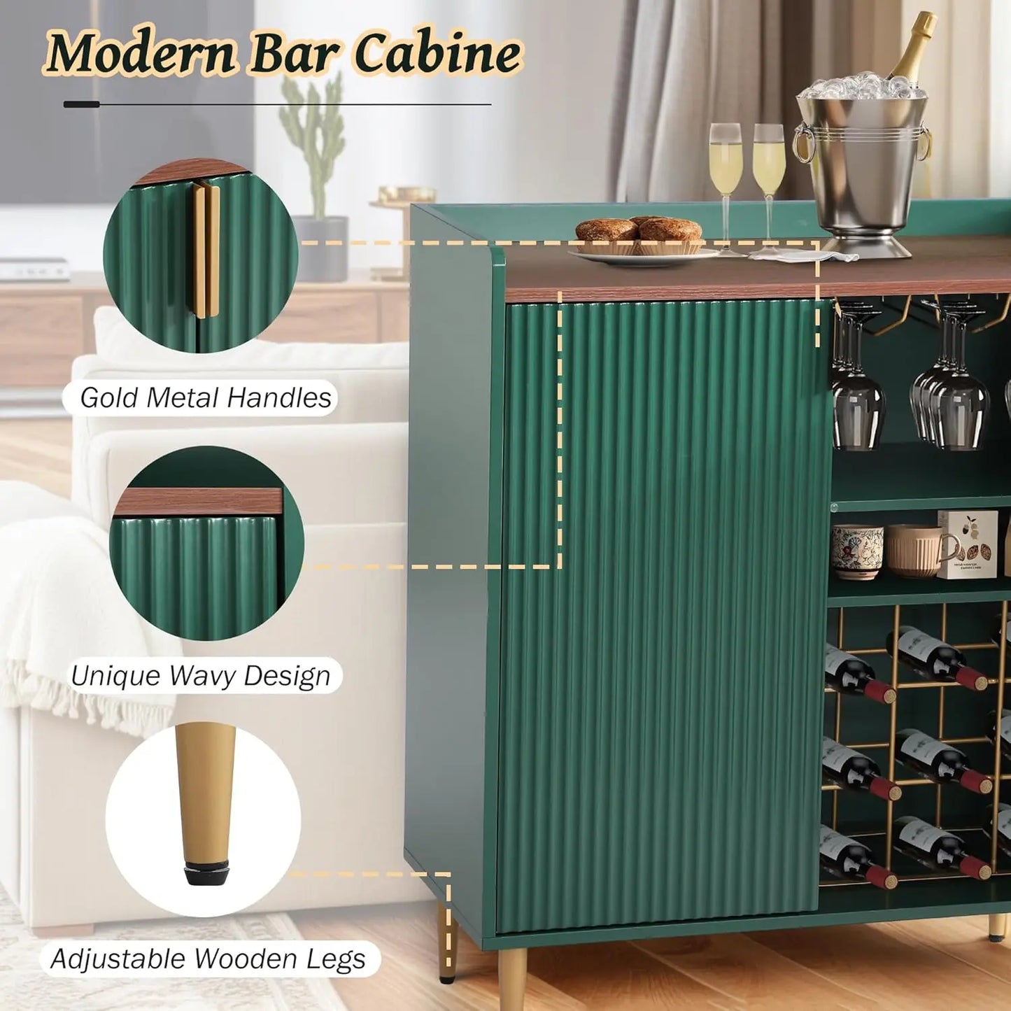 Green Coffee Bar Cabinet, 37" Buffet Cabinet with Fluted Texture Liquor Cabinet with Wine Racks for Home Living, Customized