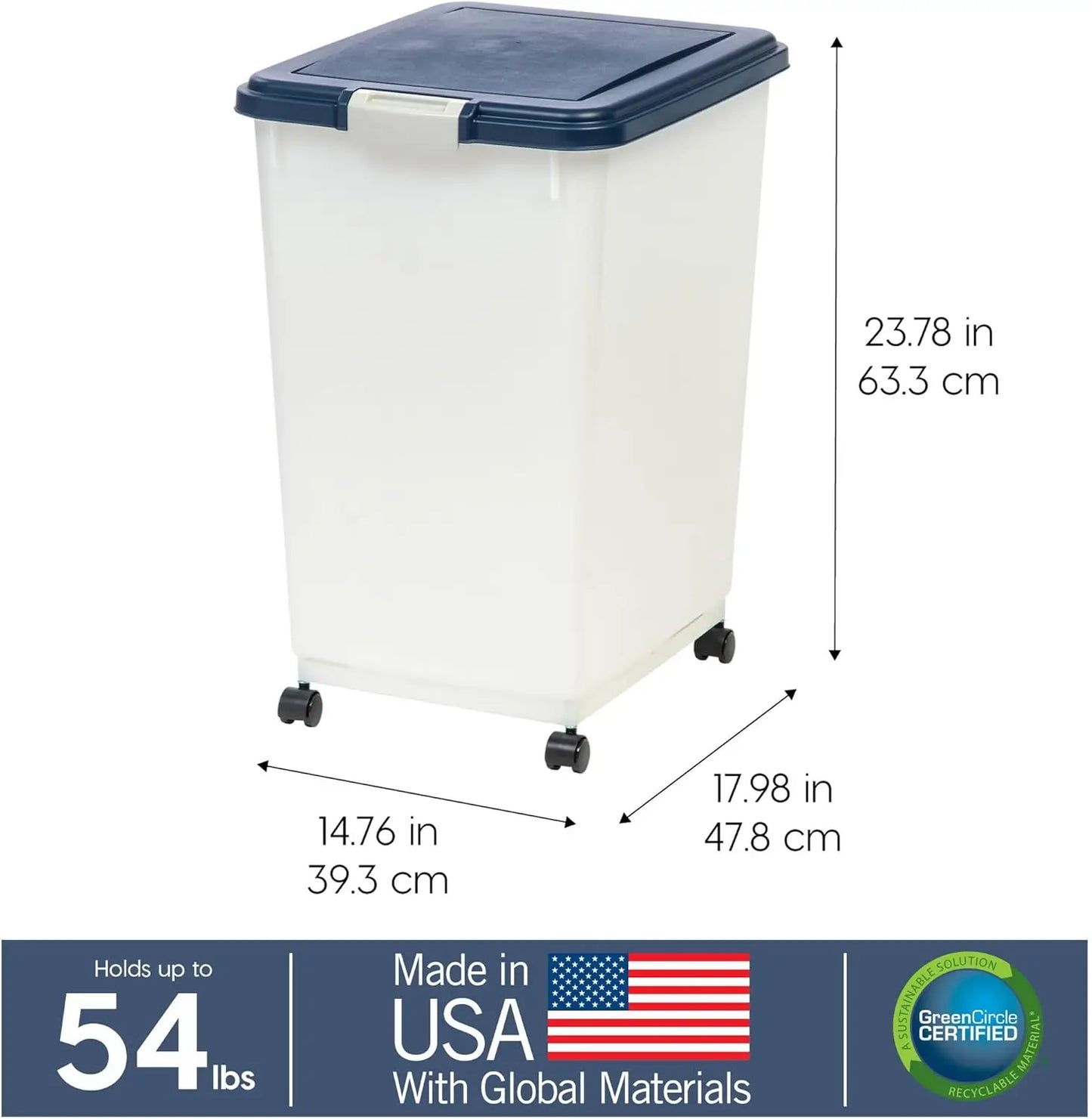 Pet Food Storage Container with Wheels, Airtight Seal for Freshness, Holds Up to 54 Pounds, Translucent Design - Navy