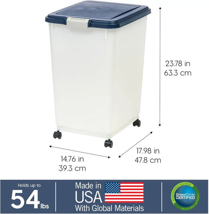 Pet Food Storage Container with Wheels, Airtight Seal for Freshness, Holds Up to 54 Pounds, Translucent Design - Navy