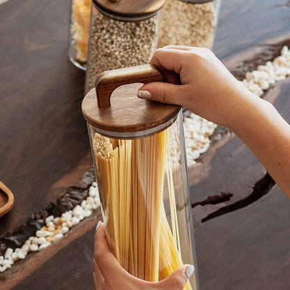 Clear Glass Jar with Bamboo Lid Airtight Canister Food Storage Container for Loose Tea Coffee Bean Sugar Salt Kitchen Organizer