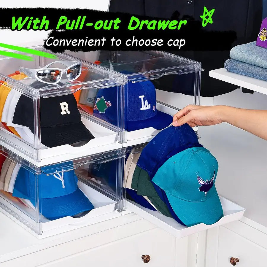 2 Pack Hat Organizer for Baseball Caps, Clear Hats Holder Box with Drawer, Large Cap Storage with Sliding Tray, Stackable Rack