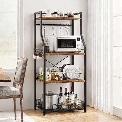 Kitchen Bakers Rack, Microwave Oven Stand with Large Wire Basket, 4-Tier Kitchen Utility Storage Shelf Coffee Bar Station