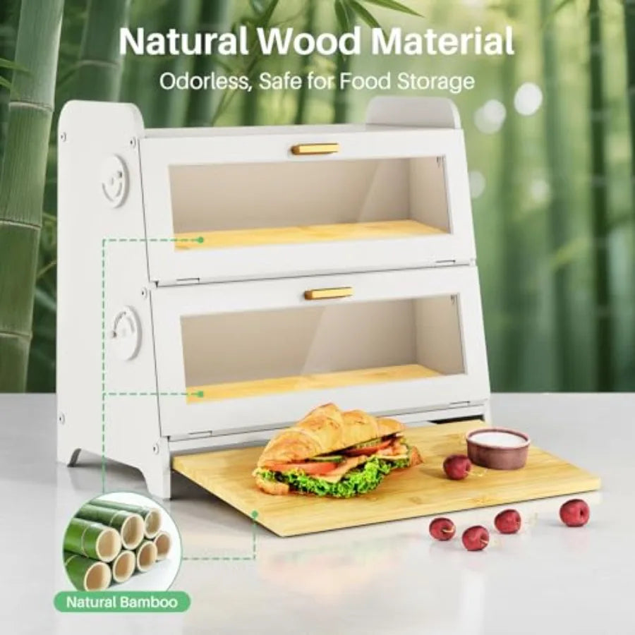 Bread Box - Kitchen Countertop Bread Storage Container with Bamboo Cutting Board Adjustable Vent Hole Dials